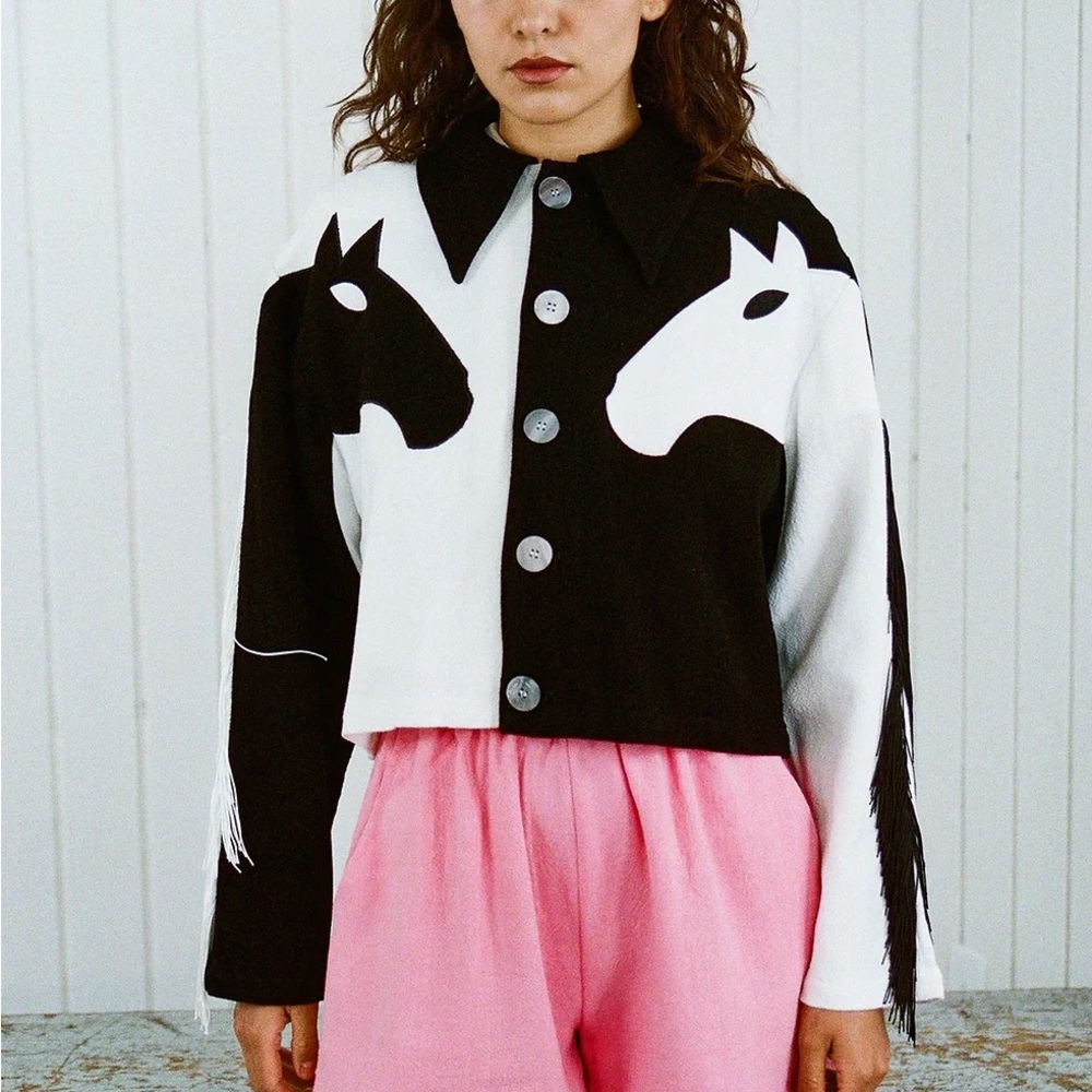 FASHION BRAND COMPANY Dueling Horses Linen Crop Jacket Black & White Size XS/S